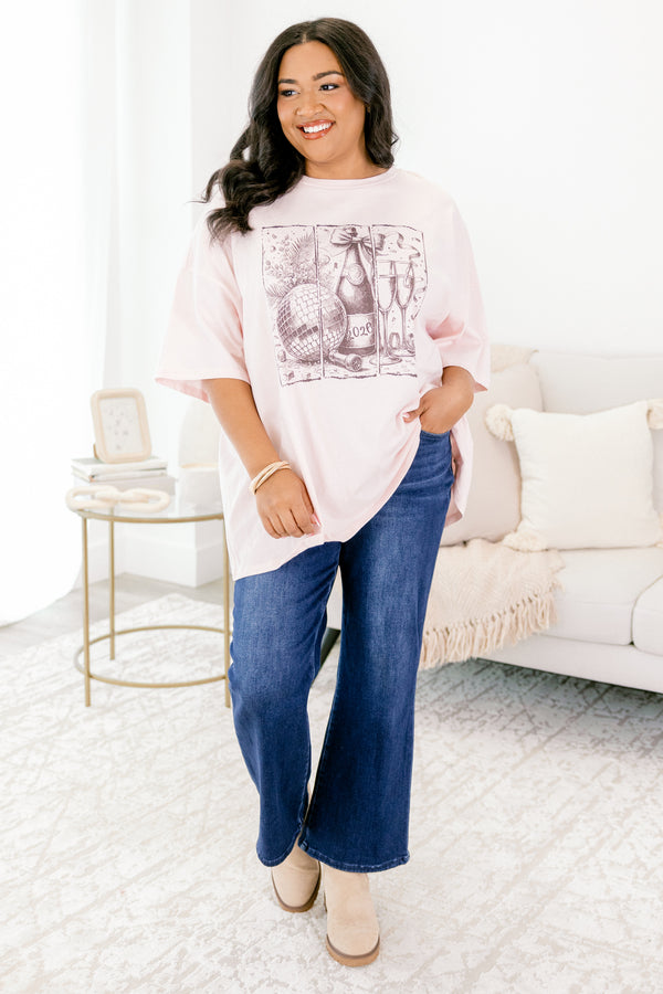 Chic Soul plus size clothing, light pink short sleeve boyfriend tee with a new years graphic in the middle with a disco ball, champagne bottle, and flutes