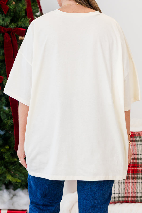 Chic Soul plus size clothing, short-sleeve ivory boyfriend tee with scoop-neckline and black graphic lettering stating 