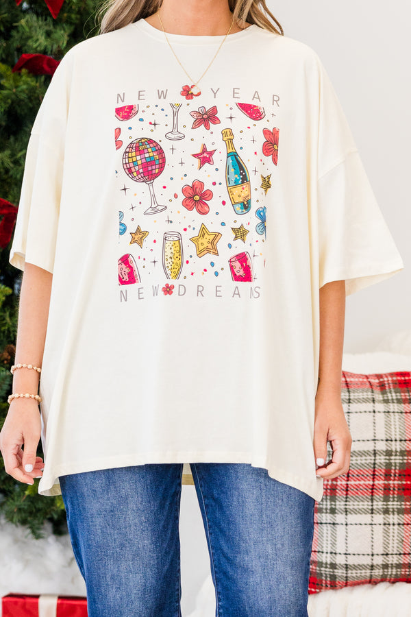 Chic Soul plus size clothing, short-sleeve ivory boyfriend tee with scoop-neckline and black graphic lettering stating 