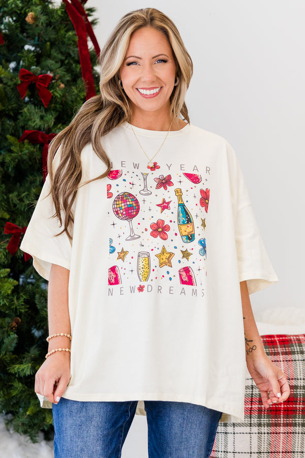 Chic Soul plus size clothing, short-sleeve ivory boyfriend tee with scoop-neckline and black graphic lettering stating 