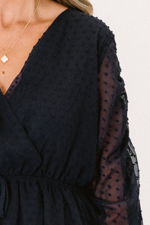 Chic Soul plus size clothing, navy swiss dot style long sleeve romper