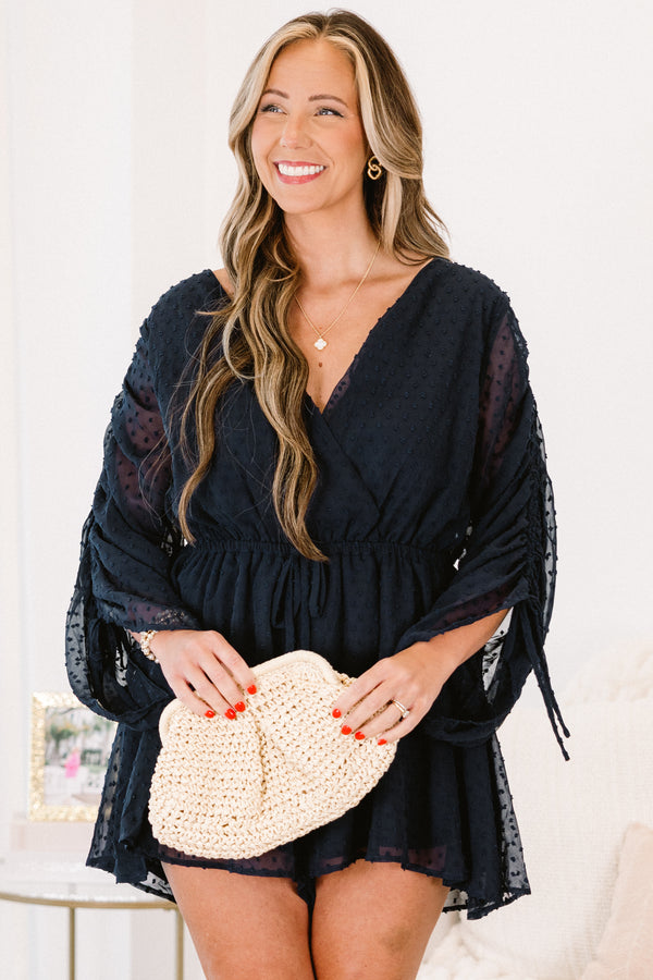 Chic Soul plus size clothing, navy swiss dot style long sleeve romper