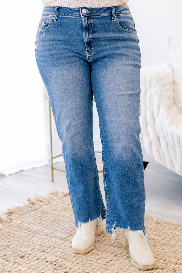 Chic Soul plus size clothing, medium wash full length straight leg jeans with distressed hem