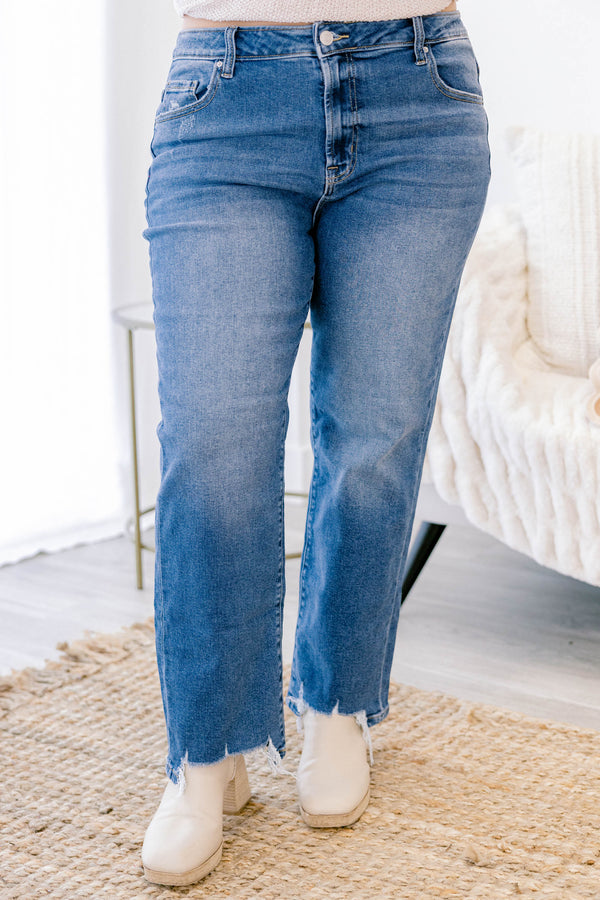 Chic Soul plus size clothing, medium wash full length straight leg jeans with distressed hem