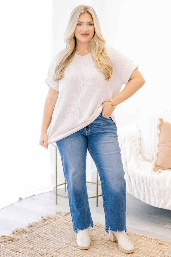 Chic Soul plus size clothing, medium wash full length straight leg jeans with distressed hem