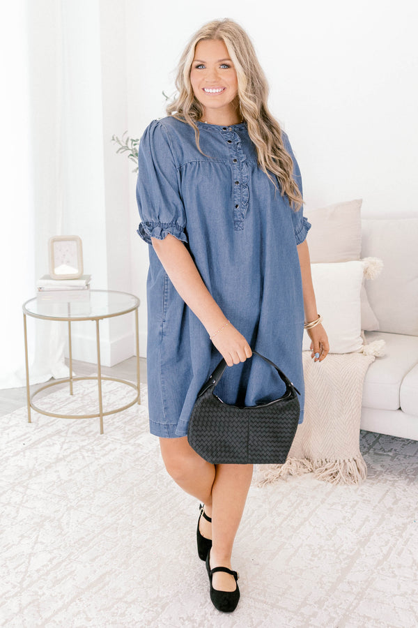 Chic Soul plus size clothing, short sleeve denim dress with ruffle details on the sleeves and going down the chest 
