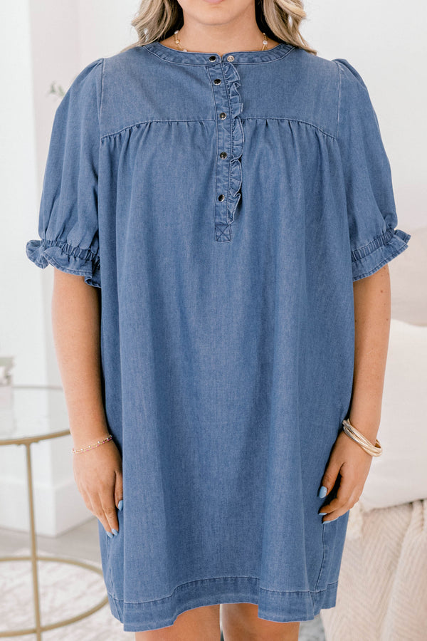 Chic Soul plus size clothing, short sleeve denim dress with ruffle details on the sleeves and going down the chest 