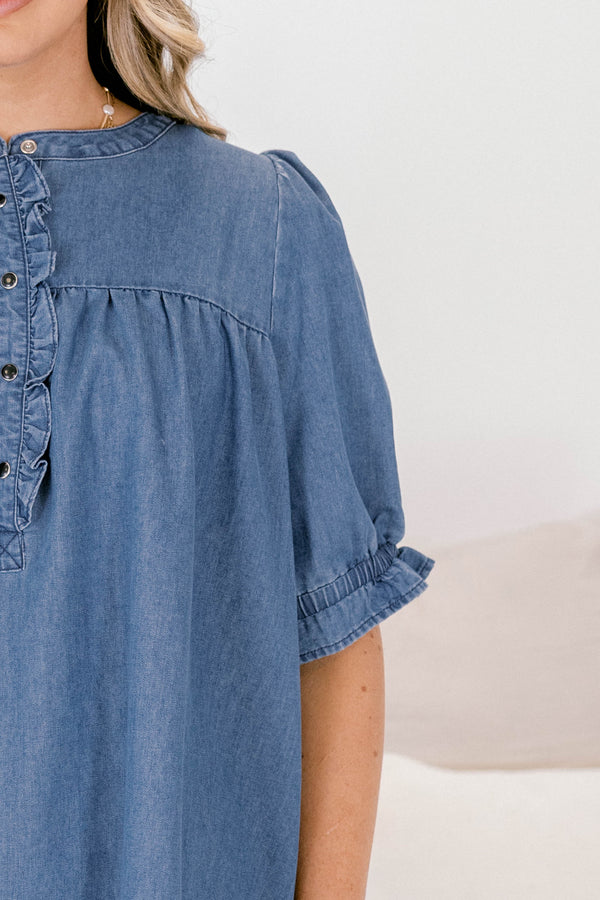 Chic Soul plus size clothing, short sleeve denim dress with ruffle details on the sleeves and going down the chest 