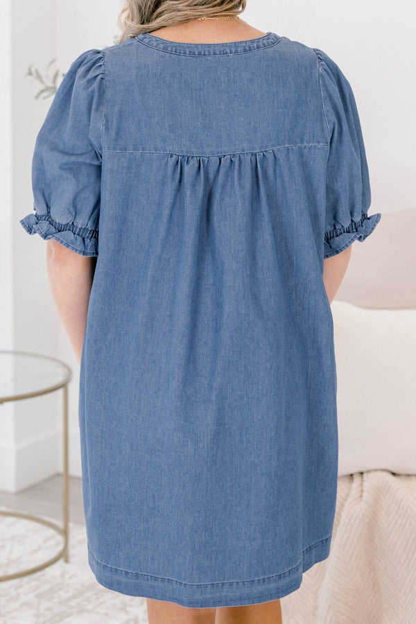 Chic Soul plus size clothing, short sleeve denim dress with ruffle details on the sleeves and going down the chest 