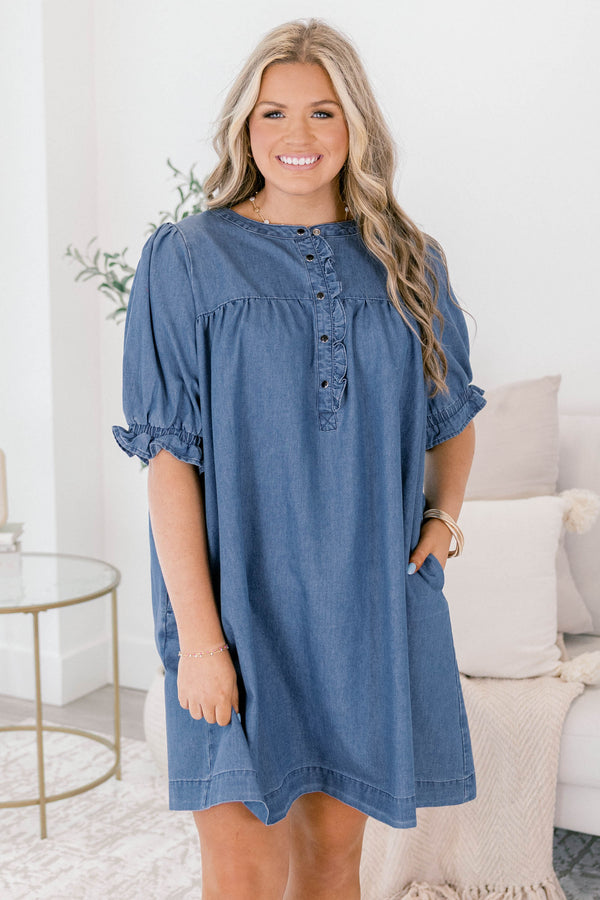 Chic Soul plus size clothing, short sleeve denim dress with ruffle details on the sleeves and going down the chest 