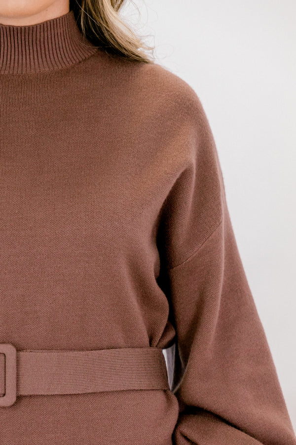Chic Soul plus size clothing, brown turtle neck long sleeve knee length sweater dress with thick belt at the waist