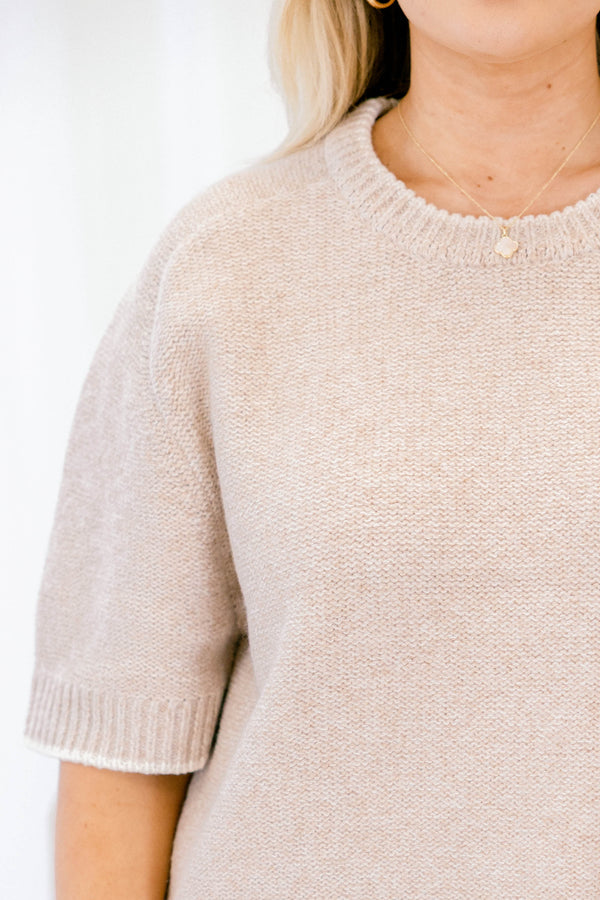 Chic Soul plus size clothing, light tan short sleeve sweater top with white piping around the hem, collar, and sleeves