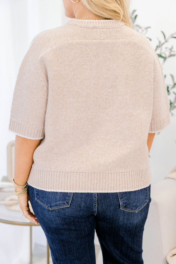 Chic Soul plus size clothing, light tan short sleeve sweater top with white piping around the hem, collar, and sleeves
