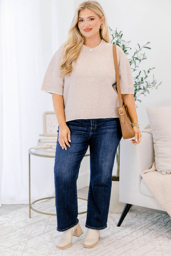 Chic Soul plus size clothing, light tan short sleeve sweater top with white piping around the hem, collar, and sleeves