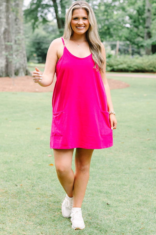 Chic Soul plus size clothing, bright magenta tank top athletic dress with shorts underneath and 2 front lower pockets