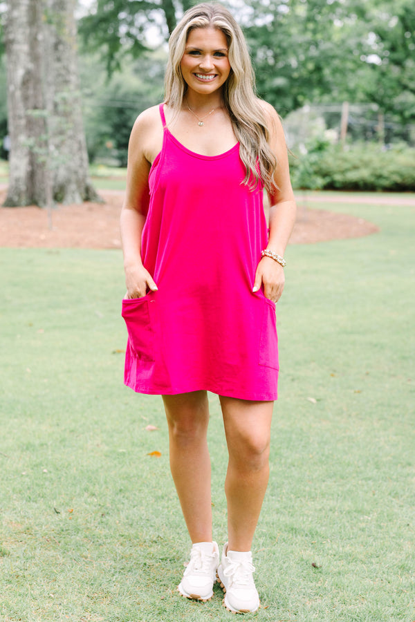 Chic Soul plus size clothing, bright magenta tank top athletic dress with shorts underneath and 2 front lower pockets