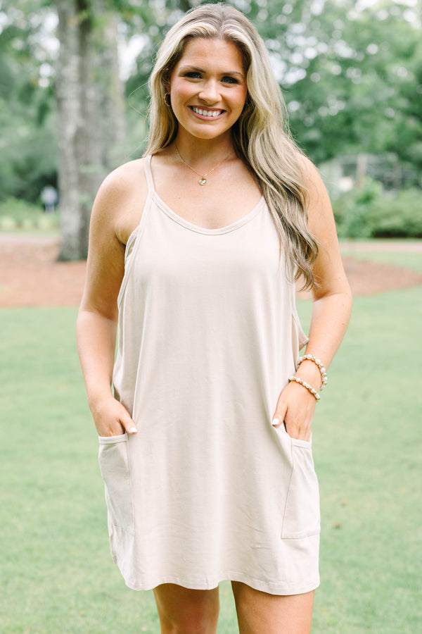 Chic Soul plus size clothing, taupe sleeveless athletic dress with a scooped neckline and pockets on the front of the dress