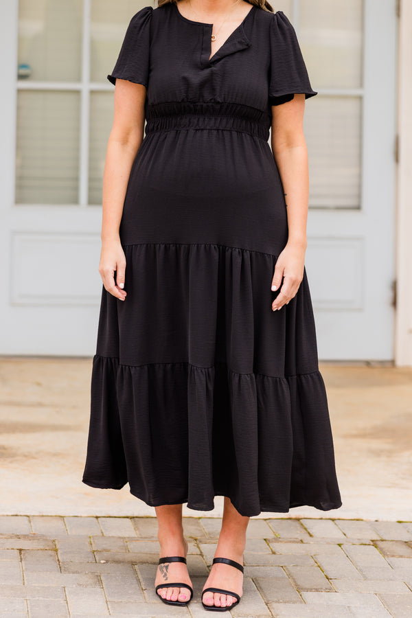 Chic Soul plus size clothing, short-sleeve black ruffled midi dress with small v-neckline