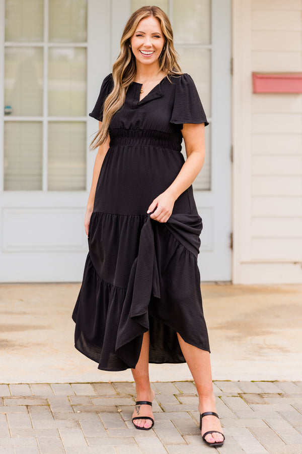 Chic Soul plus size clothing, short-sleeve black ruffled midi dress with small v-neckline