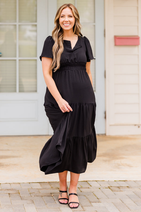 Chic Soul plus size clothing, short-sleeve black ruffled midi dress with small v-neckline