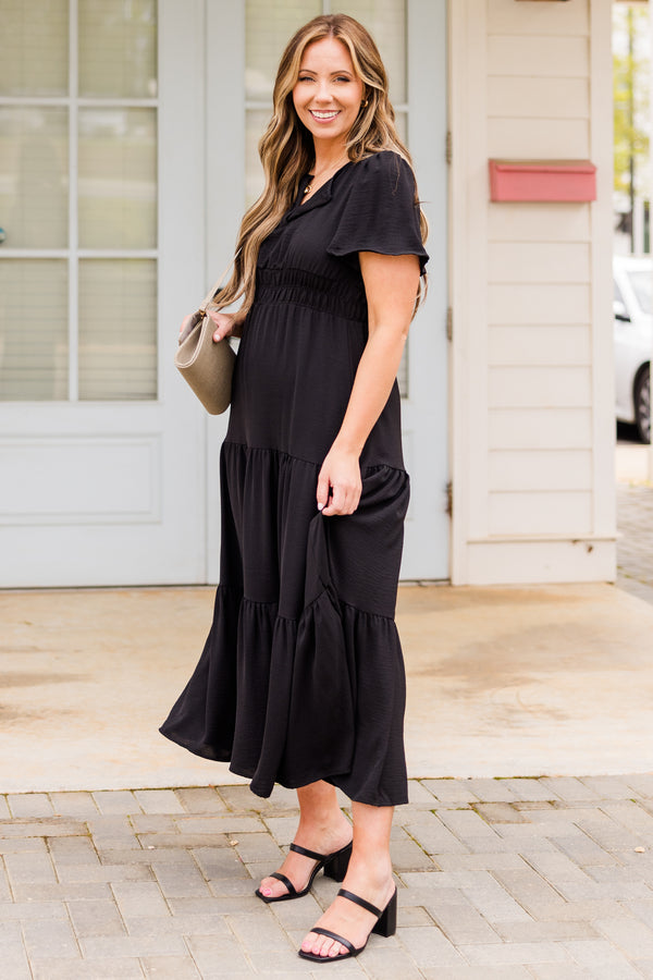 Chic Soul plus size clothing, short-sleeve black ruffled midi dress with small v-neckline