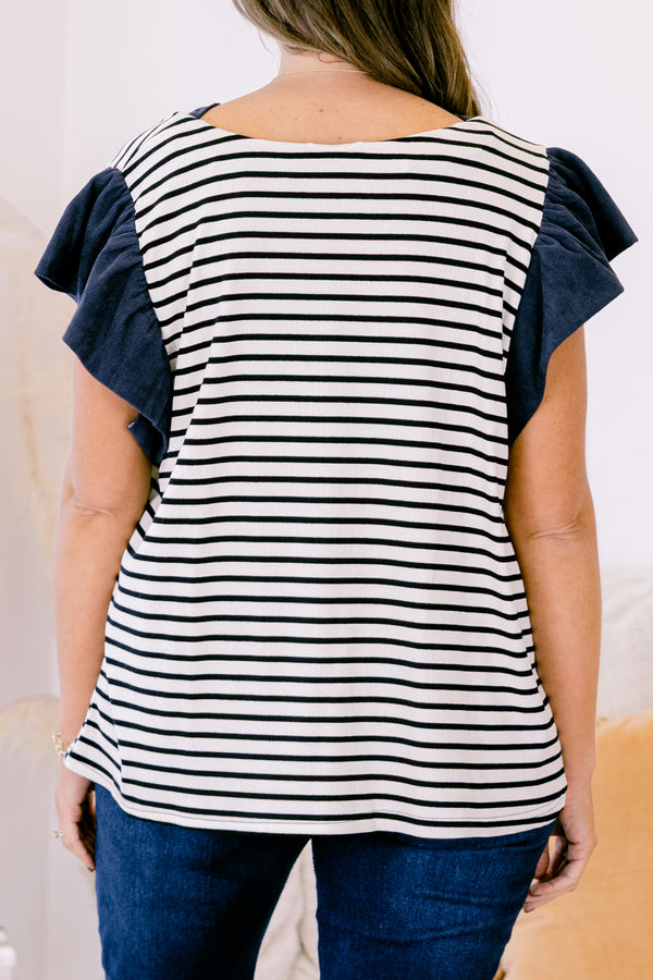 Chic Soul plus size clothing, Navy stripped top with solid navy flutter sleeves