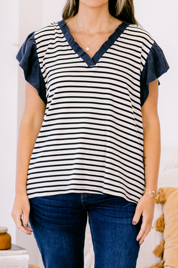 Chic Soul plus size clothing, Navy stripped top with solid navy flutter sleeves