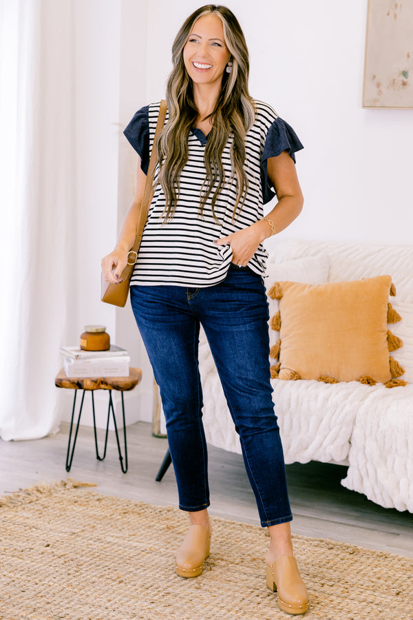 Chic Soul plus size clothing, Navy stripped top with solid navy flutter sleeves