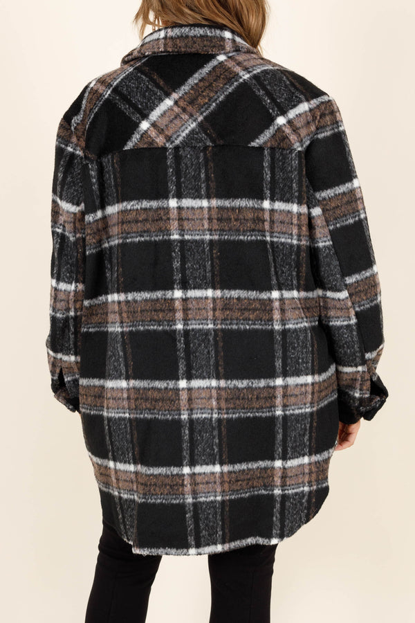 Chic Soul plus size clothing, black plaid buttoned shacket