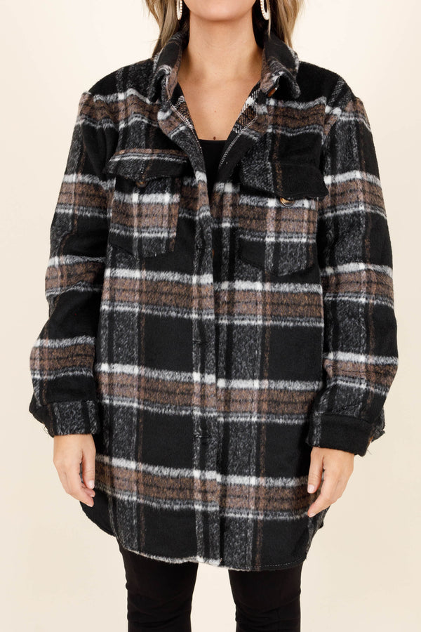 Chic Soul plus size clothing, black plaid buttoned shacket