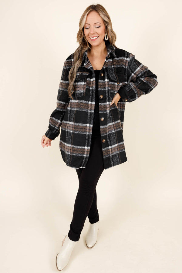Chic Soul plus size clothing, black plaid buttoned shacket