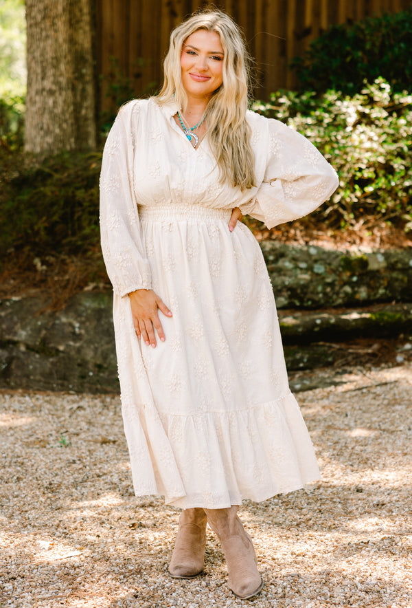 Chic Soul plus size clothing, off white long sleeve tiered maxi dress with embroidery detailing