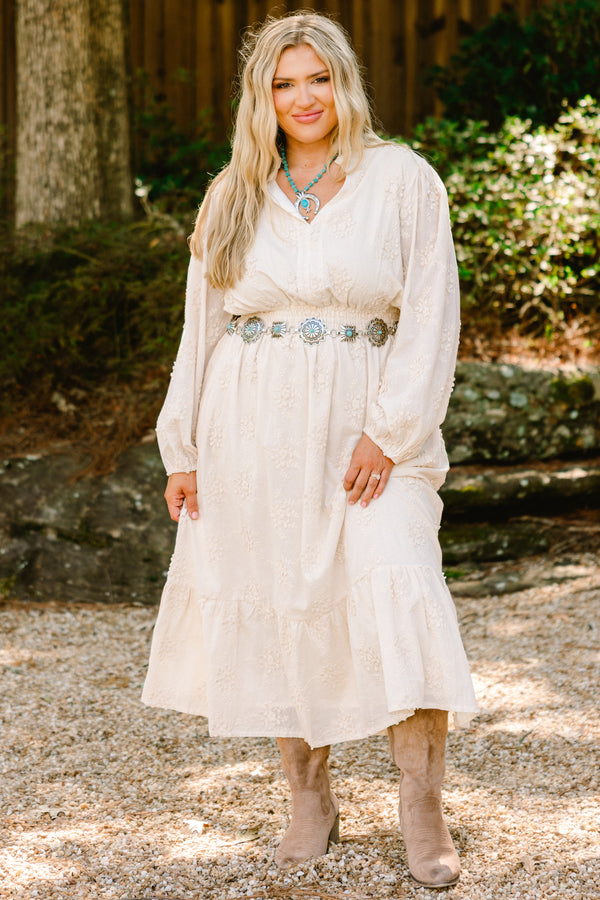 Chic Soul plus size clothing, off white long sleeve tiered maxi dress with embroidery detailing