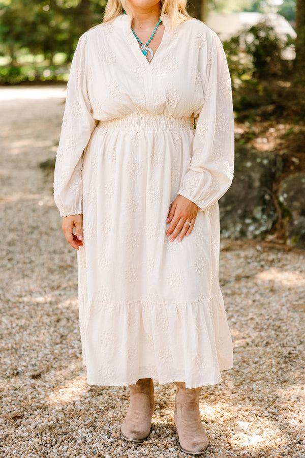 Chic Soul plus size clothing, off white long sleeve tiered maxi dress with embroidery detailing