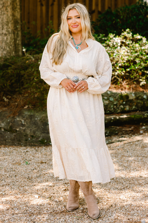 Chic Soul plus size clothing, off white long sleeve tiered maxi dress with embroidery detailing