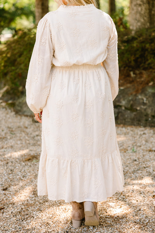 Chic Soul plus size clothing, off white long sleeve tiered maxi dress with embroidery detailing