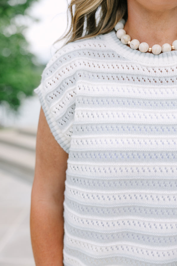 Plus Size sage and white striped pointelle knit sweater vest with a crew neckline.