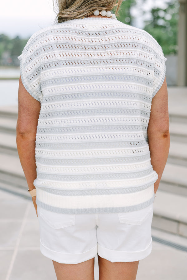 Plus Size sage and white striped pointelle knit sweater vest with a crew neckline.