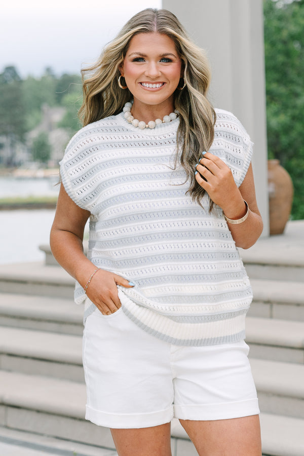Plus Size sage and white striped pointelle knit sweater vest with a crew neckline.