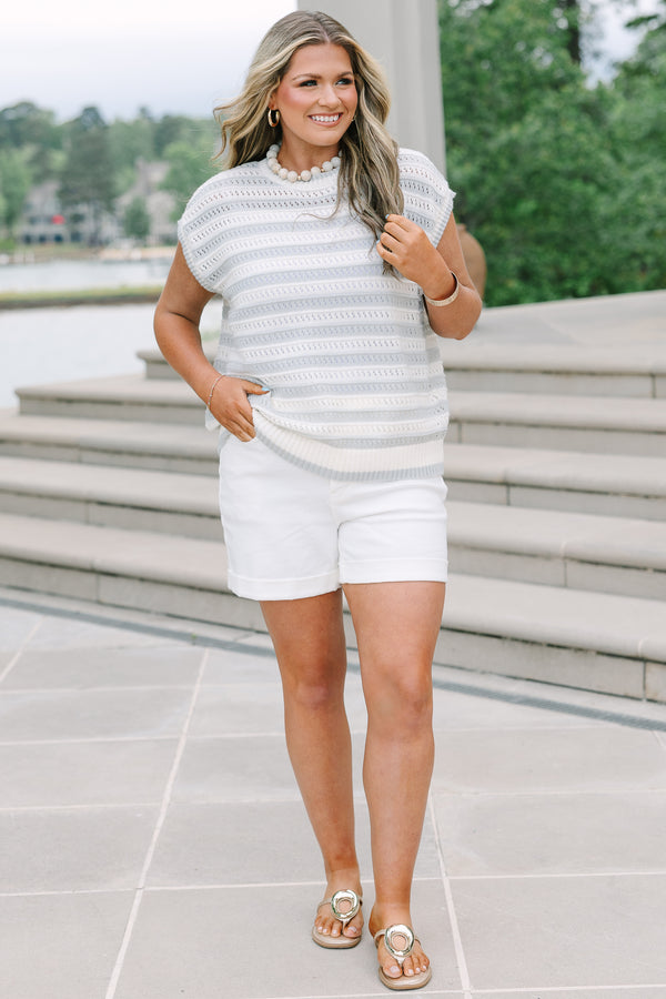 Plus Size sage and white striped pointelle knit sweater vest with a crew neckline.