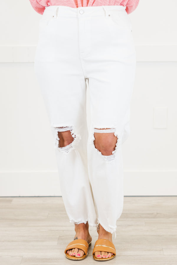 Chic Soul plus size clothing, white denim skinny jeans with raw distressed hem with distressed hole on the knees 