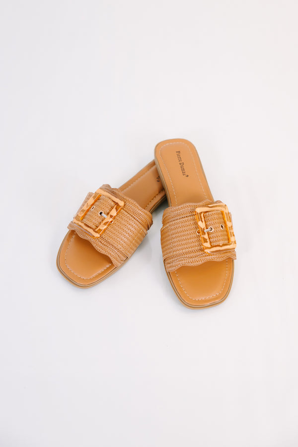 Chic Soul plus size clothing, new tan sandals with wide raffia strap and statement buckles