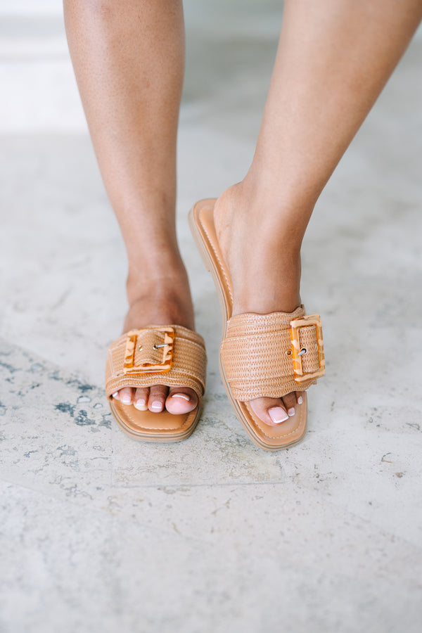 Chic Soul plus size clothing, new tan sandals with wide raffia strap and statement buckles