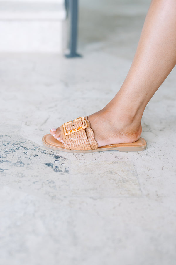 Chic Soul plus size clothing, new tan sandals with wide raffia strap and statement buckles
