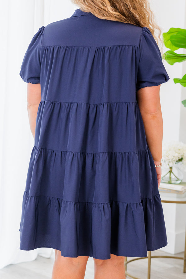 Chic Soul plus size clothing,  short-sleeve collared navy blue baby doll dress with ruffled details and buttons down the center of the dress