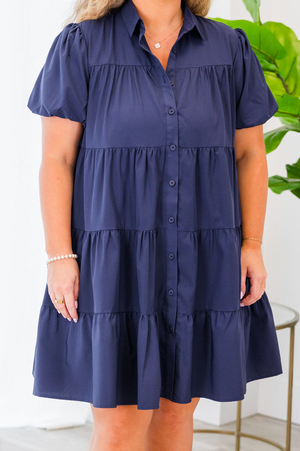 Chic Soul plus size clothing,  short-sleeve collared navy blue baby doll dress with ruffled details and buttons down the center of the dress