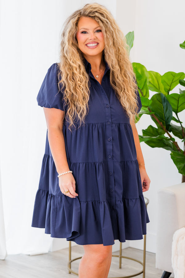 Chic Soul plus size clothing,  short-sleeve collared navy blue baby doll dress with ruffled details and buttons down the center of the dress