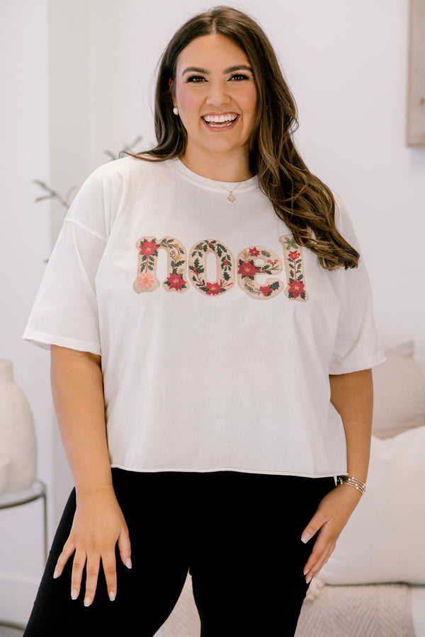 Chic Soul plus size clothing, white slightly cropped tee with 
