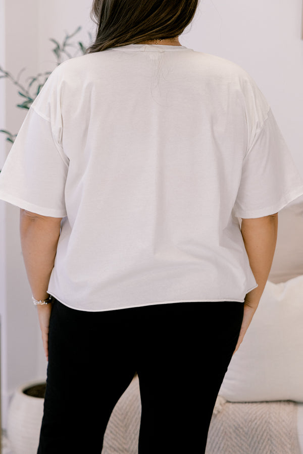 Chic Soul plus size clothing, white slightly cropped tee with 