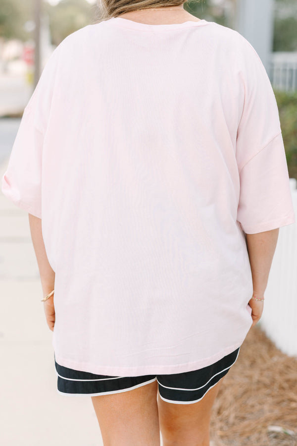 Chic Soul plus size clothing, cream pink oversized boyfriend tee with polka dot smiley face graphic